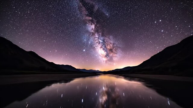 A river reflects the luminous Milky Way under a star-filled night sky