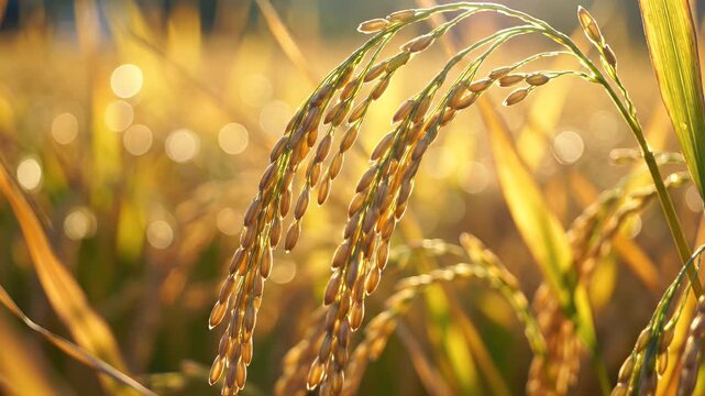 Golden rice stalks shimmer with sunlight, creating a warm, luminous glow