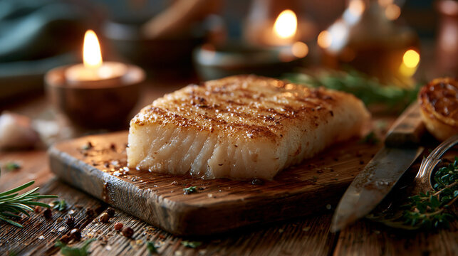 Grilled white fish fillet on rustic wooden board with herbs and warm candlelight background