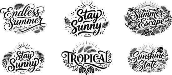 Summer typography designs hand lettered quotes tropical phrases for merchandise and graphic projects, Summer typography bundle © Champa