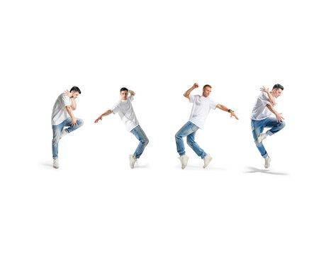 Hip hop dance tricks set, ai generated. Collection of dancer performing freestyle moves, jumps and urban dancing poses, isolated on white background. Modern street dances set concept.