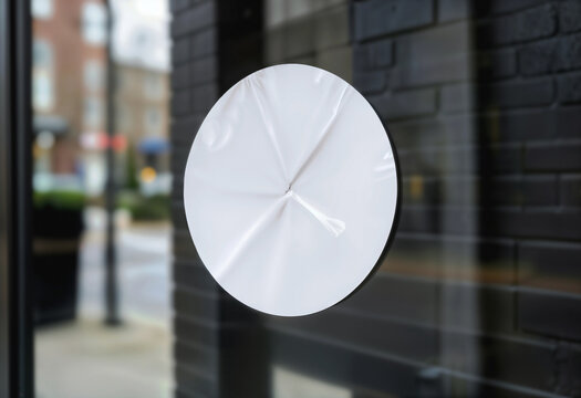 White round window sticker mockup on glass entrance door, ai generated. Circle adhesive label applied to modern glassy door. Realistic circular decal with clean surface for logo, branding or signage.