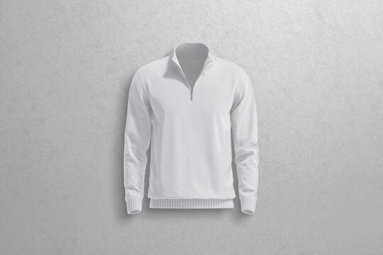 Blank white quarter zip sweater mockup, grey textured background, 3d rendering. Empty casual male garment jersey mock up, front view. Clear fleece or knitted autumn wear with zipper neck template.