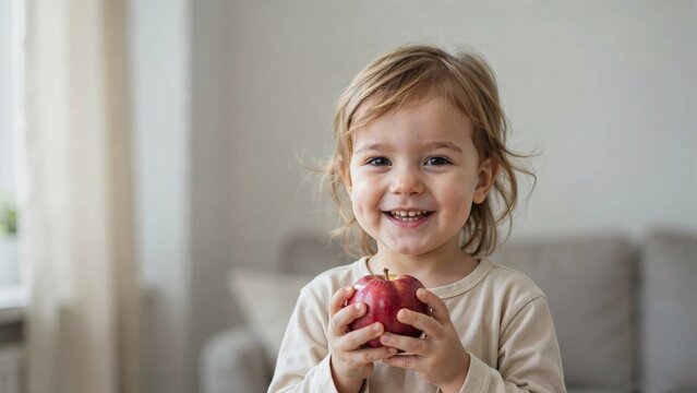 Happy toddler holding fresh red apple with radiant smile in bright indoor setting with smiling brightly camera