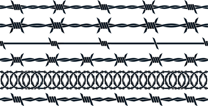 Seamless Barbed Wire Silhouette Vector Set Featuring Razor Wire Patterns, Prison Fencing Borders, and Security Barrier Graphic Elements for Military and High Protection Boundary Designs
