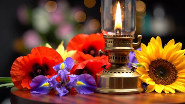 Vintage oil lamp with poppies and sunflowers on wooden table
