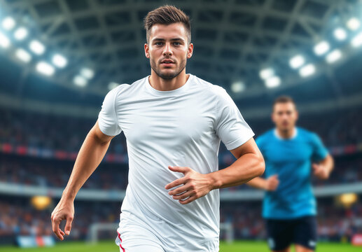 Soccer player in white jersey t-shirt, ai generated. Professional male player running during football match and wearing blank short sleeve sports tshirt on stadium field background for team logos.
