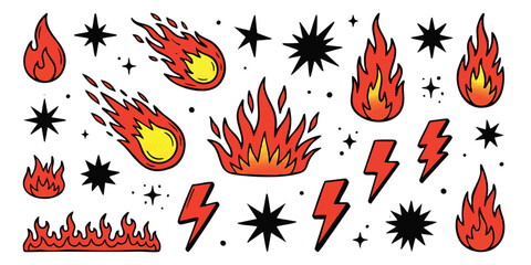 Set of fire flames, meteors, lightning bolts and stars in a colorful cartoon sticker style © Sharmin