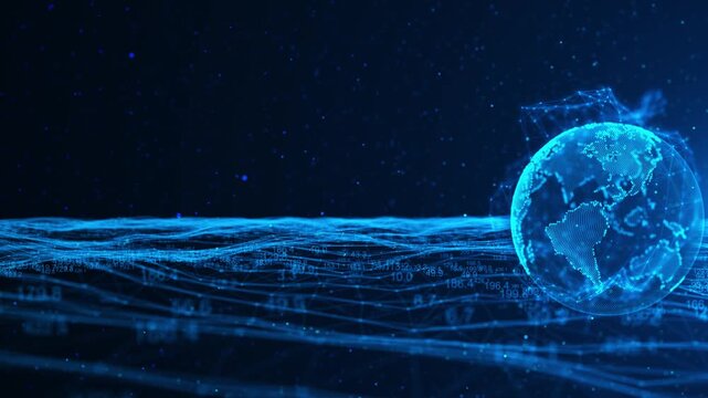 Global earth analytics visual with bright dotted globe, blue data waves, digital numbers, futuristic network depth. for business videos, science screens, communication titles, and data overlays.