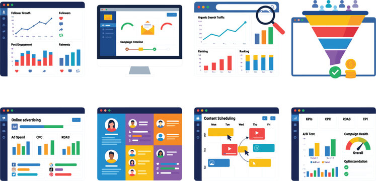 Digital Marketing Analytics Dashboard Vector Set with Social Media SEO Campaign Performance and Sales Funnel