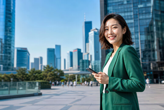 asian businesswoman in green blazer holding smartphone smiling in modern city