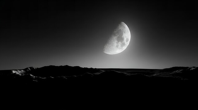 A stunning black and white photograph of a half moon glowing over a dark silhouetted landscape.