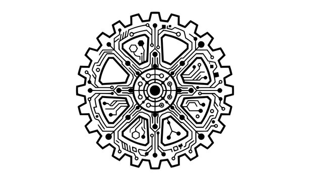Black and White Gear with Circuit Board Lines Vector Technology Engineering Innovation Icon