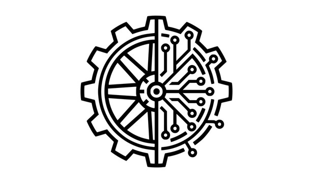Mechanical Gear and Electronic Circuit Fusion Black White Vector Engineering Emblem