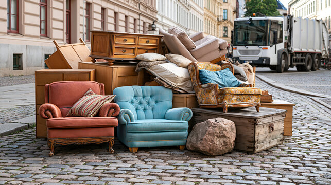 Discarded furniture and old chairs piled on a cobblestone city street. This image represents urban waste, recycling, or household relocation concepts.