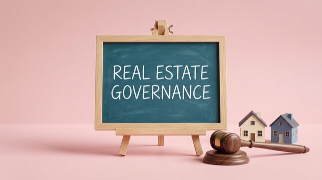 Real estate governance text on chalkboard, property law and housing regulations concept, judge gavel with miniature houses on pink background