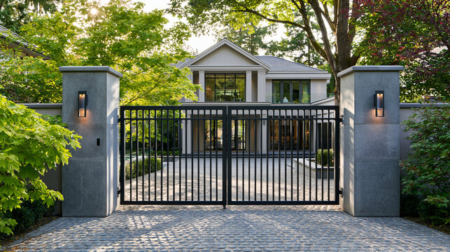 A modern luxury home entrance features a sleek black metal gate and stone pillars. This elegant property represents exclusive residential security and lifestyle design.