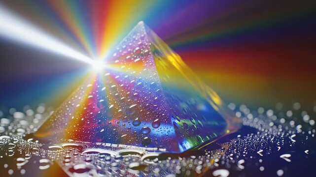 A prism splits a white light beam into a spectrum of colors, with water droplets on its surface