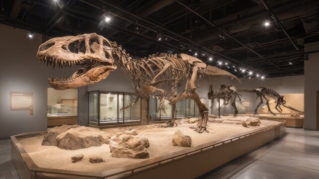 Tyrannosaurus rex skeleton in museum exhibit. Prehistoric dinosaur fossil display. Ancient predator bones in natural history gallery.