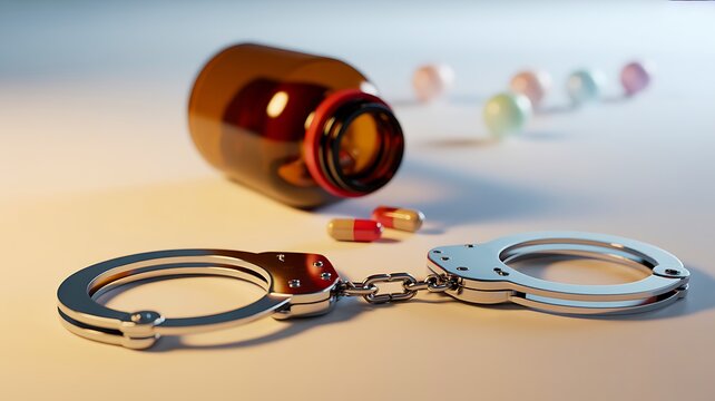 Prescription drug abuse concept with handcuffs and spilled medicine capsules