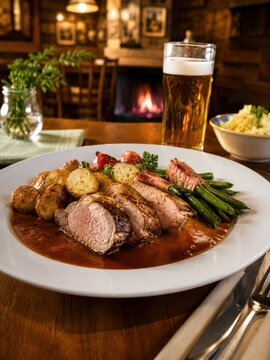 Saftig gebratene Schweinelende mit kr&auml;ftiger Bratenso&szlig;e, kleinen Kartoffeln, gr&uuml;nen Bohnen und Speck. Herzhaftes Hauptgericht in gem&uuml;tlicher deutscher Restaurantatmosph&auml;re.