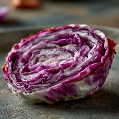 Obraz premium Cross section of a fresh red cabbage head on a textured stone surface with still life