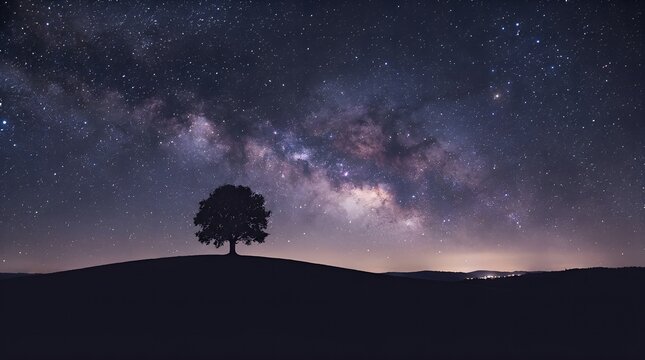 Stunning milky way galaxy over a solitary tree on a hill at night.