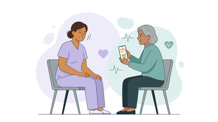 Fototapeta premium Nurse and elderly patient interacting with smartphone app for health monitoring and consultation