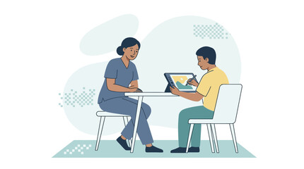 Fototapeta premium Nurse and patient collaborate using digital tablet, promoting healthcare communication and patient engagement.