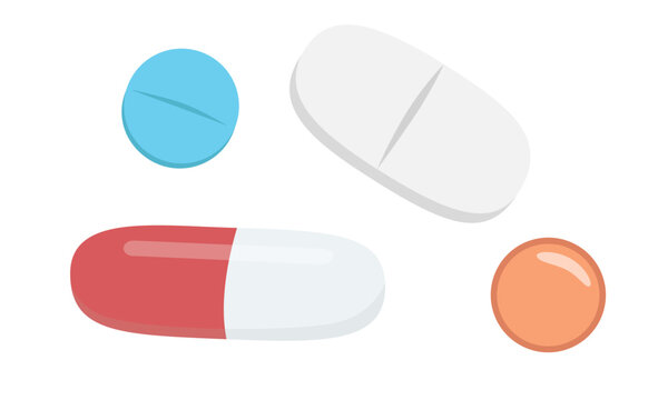 Medicine pills vector set in flat cartoon style. Capsules and tablets for healthcare illustration isolated on white background.