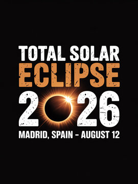 An announcement for the total solar eclipse in Madrid, Spain, on August 12, 2026. Bold text highlights the event with an eclipse graphic.
