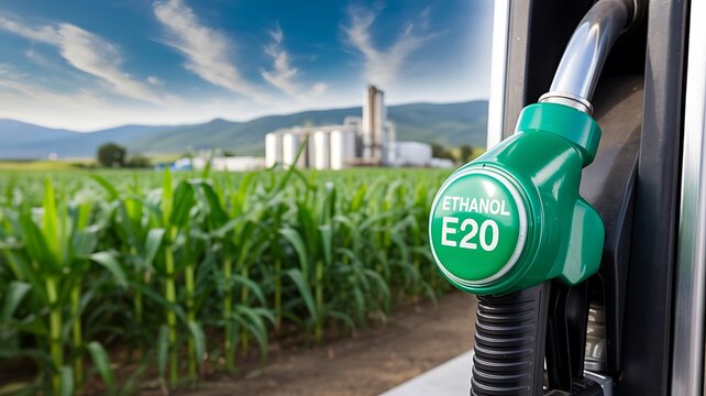 Biofuel ethanol fuel nozzle in agricultural field with renewable energy concept