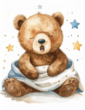 Schlafender kleiner B&auml;r mit Kuscheldecke im Aquarellstil