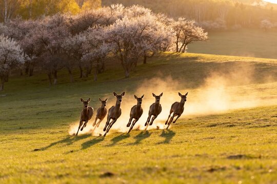 Group of deer running across a grassy field at sunrise with blooming trees in the background