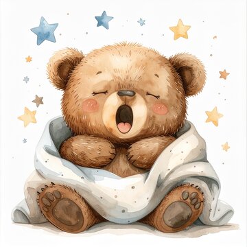 Schlafender kleiner B&auml;r mit Kuscheldecke im Aquarellstil