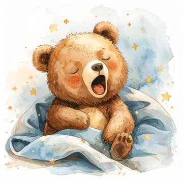 Schlafender kleiner B&auml;r mit Kuscheldecke im Aquarellstil