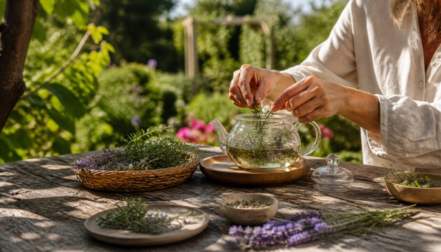 Woman preparing herbal tea with fresh lavender in garden