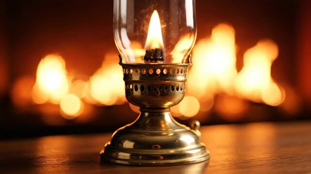 Vintage kerosene lamp glowing against a warm fireplace background.