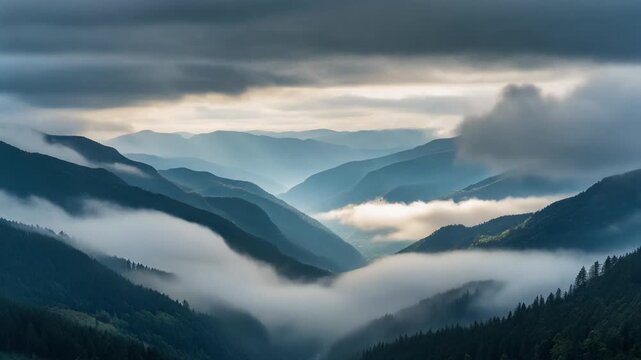 Cloud fog timelapse layers shifting continuously with sunlight piercing through atmospheric haze