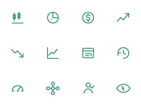Investing and trading icon set. Candles, portfolio, dividend, bull market, bear market, stocks and more editable vector line icons.