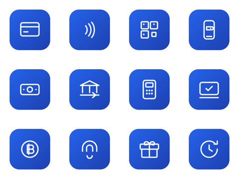 Payment methods icon set. Credit card, contactless, qr pay, mobile wallet, cash, bank transfer and more editable vector flat gradient icons.