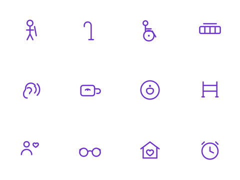 Elderly and senior care icon set. Elder person, walking cane, wheelchair, pill organizer, hearing aid, blood pressure and more editable vector line icons.