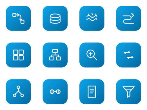 Data engineering icon set. Etl, warehouse, data lake, stream, batch, schema and more editable vector flat gradient icons.