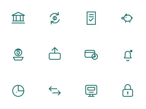 Digital banking icon set. Bank account, money transfer, statement, savings, loan, deposit and more editable vector line icons.