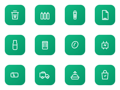 Recycling and waste sorting icon set. Recycle bin, sort waste, plastic, paper waste, glass recycle, metal can and more editable vector flat gradient icons.