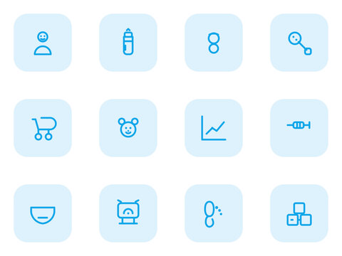 Pediatric and baby care icon set. Baby, baby bottle, pacifier, rattle, stroller, teddy bear and more editable vector duotone icons.