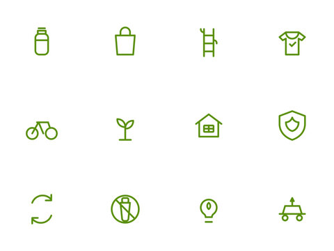 Sustainable lifestyle icon set. Reusable bottle, tote bag, bamboo, thrift, bike, plant based and more editable vector line icons.