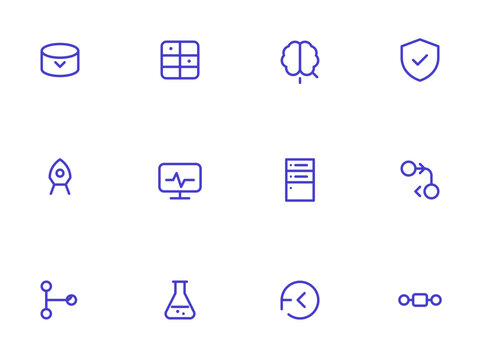 MLOps and model lifecycle icon set. Data ingest, feature store, train model, validate, deploy, monitor and more editable vector line icons.