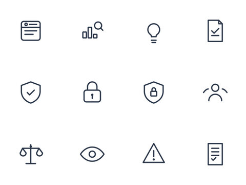 AI governance and responsible AI icon set. Model card, bias check, explainability, audit, compliance, privacy and more editable vector line icons.