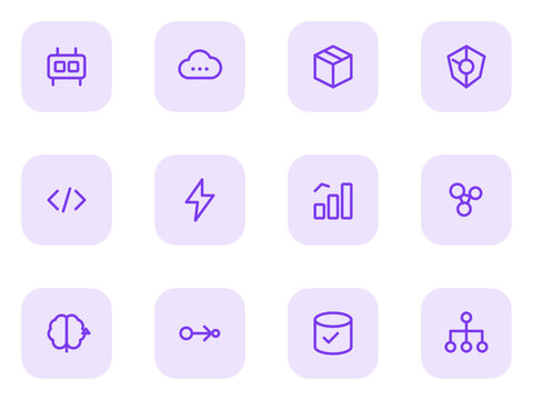 AI infrastructure icon set. Gpu, cloud compute, container, kubernetes, api gateway, serverless and more editable vector duotone icons.
